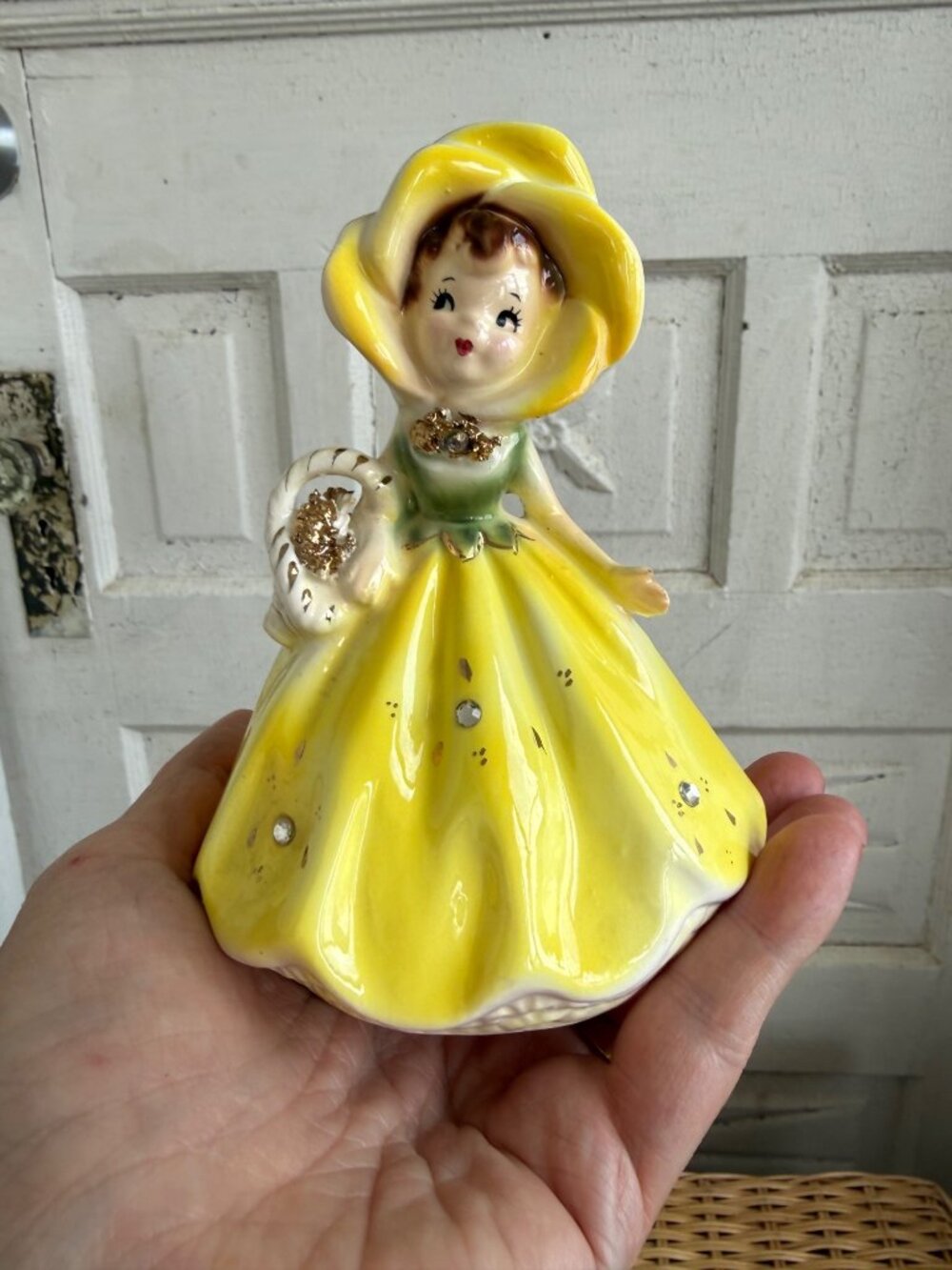Vintage 50s Enesco Anthropomorphic Yellow Flower Girl Planter Rhinestones - Picture 6 of 9